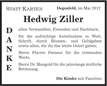 Traueranzeige von Hedwig Ziller von Gmünder Tagespost