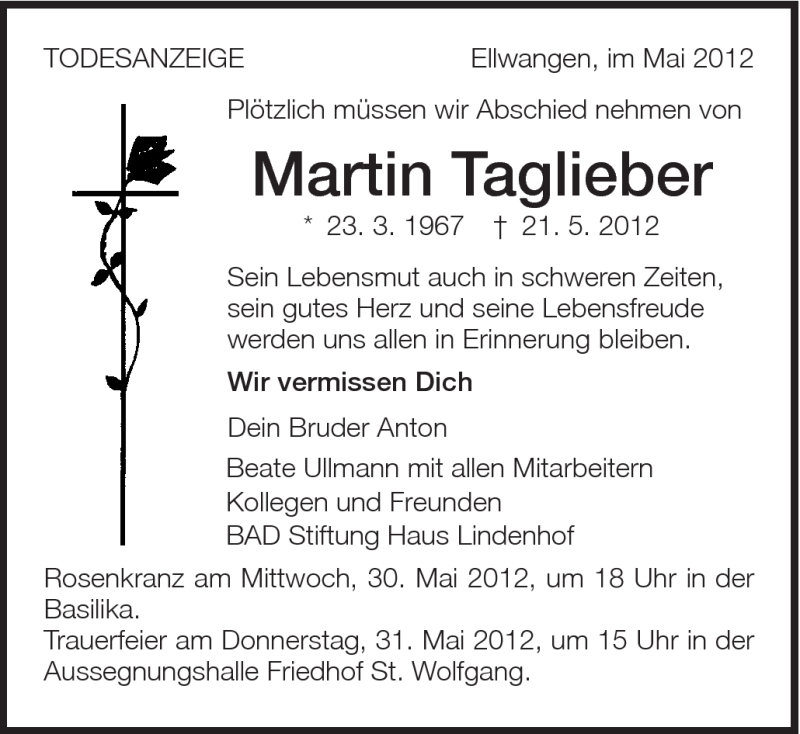  Traueranzeige für Martin Taglieber vom 29.05.2012 aus Schwäbische Post