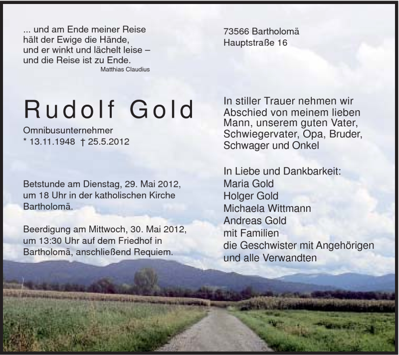  Traueranzeige für Rudolf Gold vom 26.05.2012 aus Gmünder Tagespost