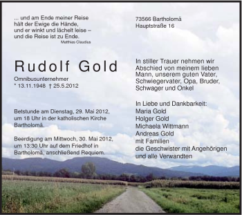 Traueranzeige von Rudolf Gold von Gmünder Tagespost