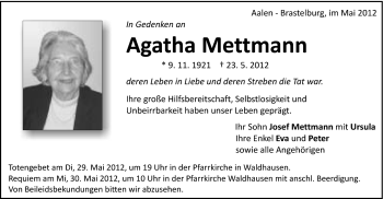 Traueranzeige von Agatha Mettmann von Schwäbische Post