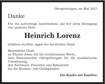 Traueranzeige von Heinrich Lorenz von Gmünder Tagespost