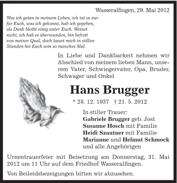 Traueranzeige von Hans Brugger von Schwäbische Post