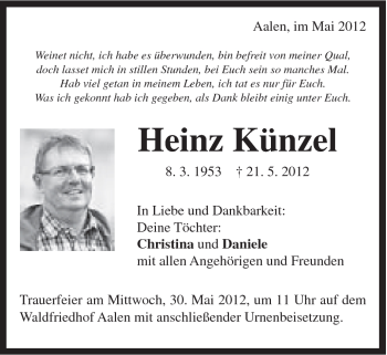 Traueranzeige von Heinz Künzel von Schwäbische Post