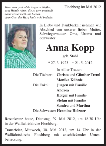 Traueranzeige von Anna Kopp von Schwäbische Post