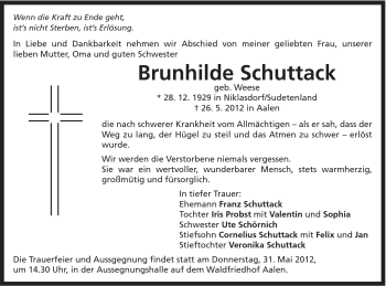 Traueranzeige von Brunhilde Schuttack von Schwäbische Post