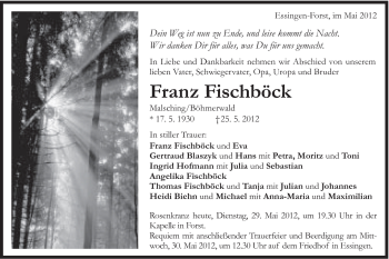 Traueranzeige von Franz Fischböck von Schwäbische Post