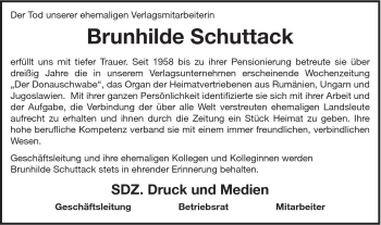Traueranzeige von Brunhilde Schuttack von Schwäbische Post