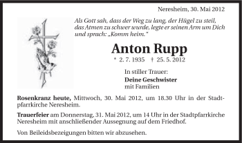 Traueranzeige von Anton Rupp von Schwäbische Post