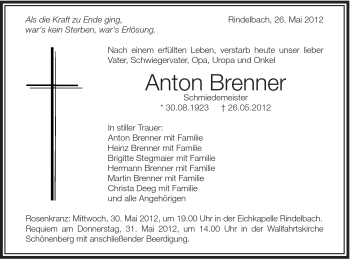 Traueranzeige von Anton Brenner von Schwäbische Post