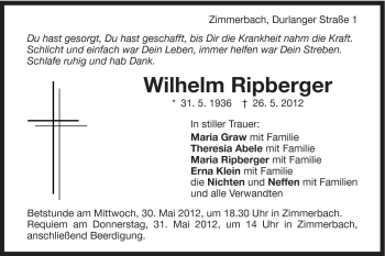 Traueranzeige von Wilhelm Ripberger von Gmünder Tagespost