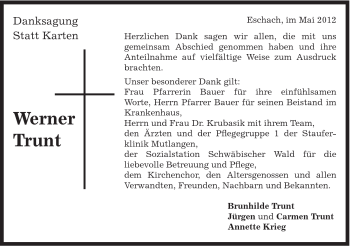 Traueranzeige von Werner Trunt von Gmünder Tagespost