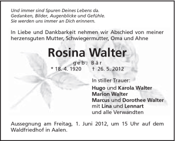 Traueranzeige von Rosina Walter von Schwäbische Post