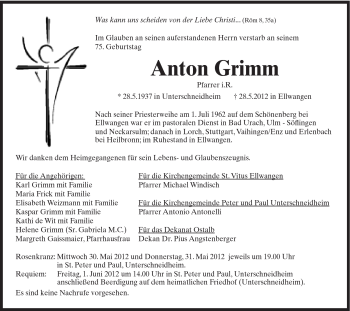 Traueranzeige von Anton Grimm von Schwäbische Post