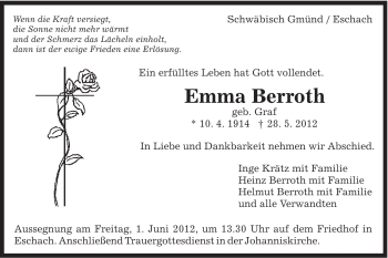 Traueranzeige von Emma Berroth von Gmünder Tagespost