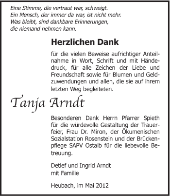 Traueranzeige von Tanja Arndt von Gmünder Tagespost