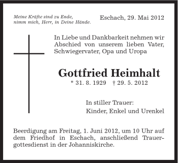 Traueranzeige von Gottfried Heimhalt von Gmünder Tagespost