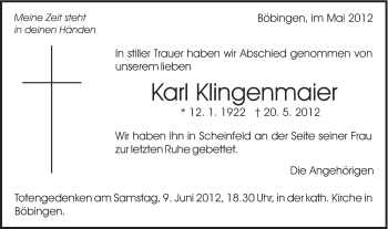 Traueranzeige von Karl Klingenmaier von Gmünder Tagespost