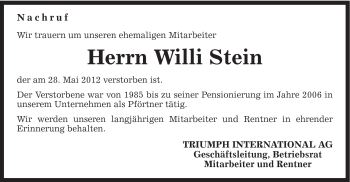 Traueranzeige von Willi Stein von Gmünder Tagespost