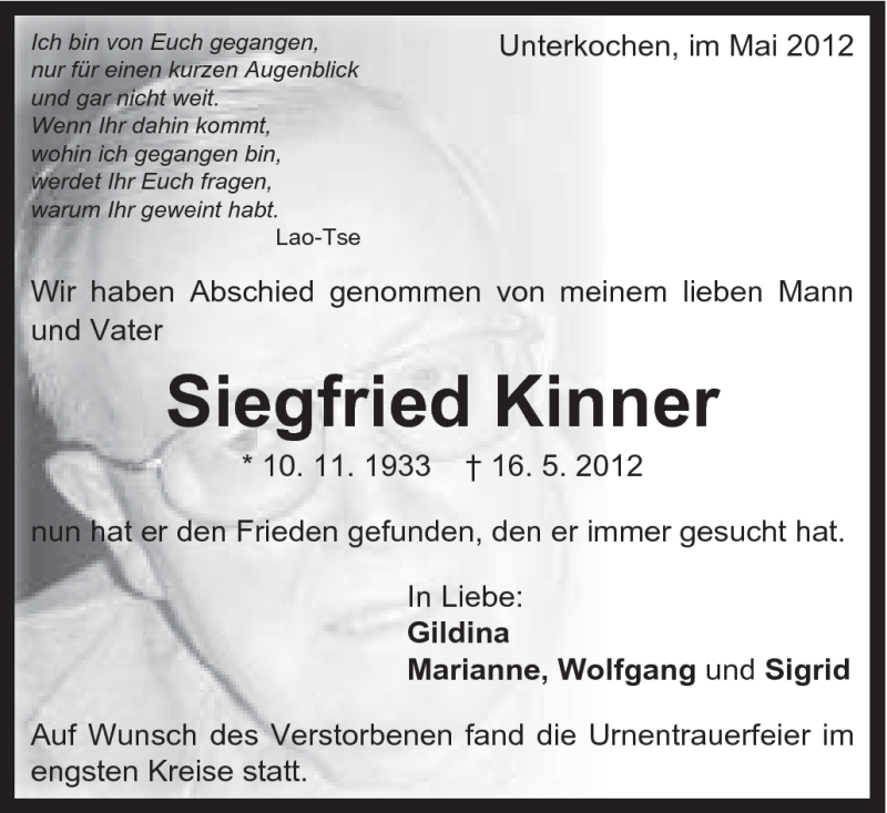  Traueranzeige für Siegfried Kinner vom 31.05.2012 aus Schwäbische Post