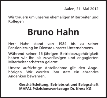 Traueranzeige von Bruno Hahn von Schwäbische Post