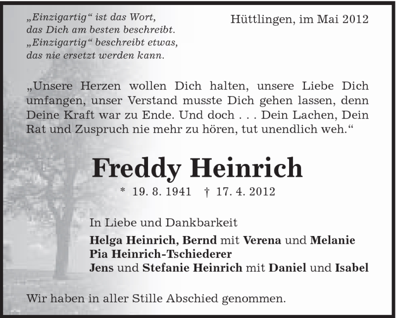  Traueranzeige für Freddy Heinrich vom 12.05.2012 aus Schwäbische Post
