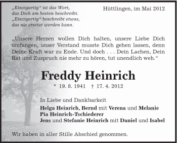 Traueranzeige von Freddy Heinrich von Schwäbische Post