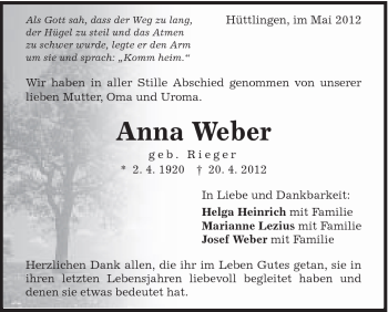 Traueranzeige von Anna Weber von Schwäbische Post