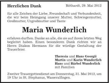 Traueranzeige von Maria Wunderlich von Schwäbische Post