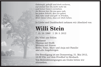 Traueranzeige von Willi Stein von Gmünder Tagespost