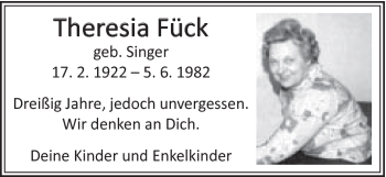 Traueranzeige von Theresia Fück von Schwäbische Post