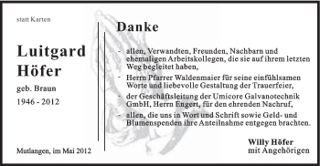 Traueranzeige von Luitgard Höfer von Gmünder Tagespost