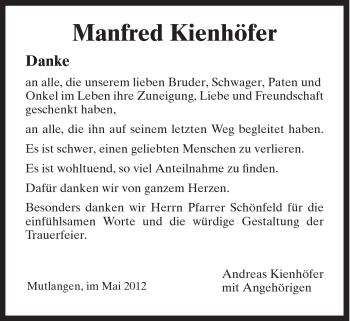 Traueranzeige von Manfred Kienhöfer von Gmünder Tagespost
