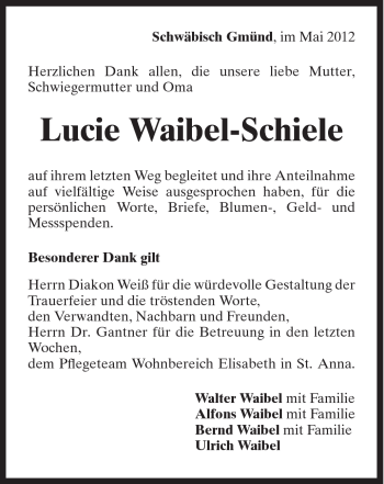 Traueranzeige von Lucie Waibel-Schiele von Gmünder Tagespost