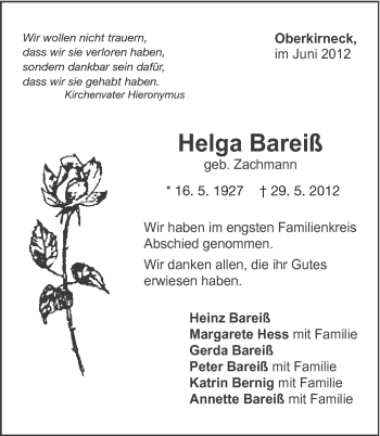 Traueranzeige von Helga Bareiss von Gmünder Tagespost