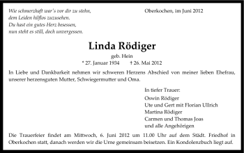 Traueranzeige von Linda Rödiger von Schwäbische Post