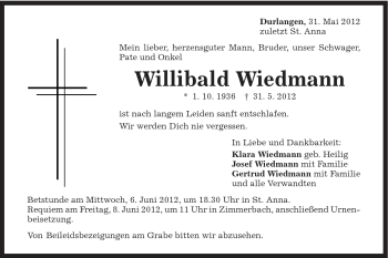 Traueranzeige von Willibald Wiedmann von Gmünder Tagespost