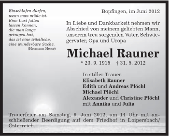 Traueranzeige von Michael Rauner von Schwäbische Post