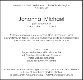 Traueranzeige von Johanna Michael von Gmünder Tagespost