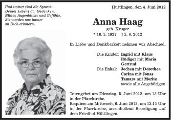 Traueranzeige von Anna Haag von Schwäbische Post