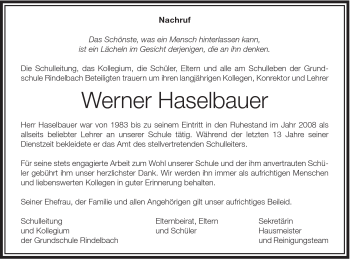 Traueranzeige von Werner Haselbauer von Schwäbische Post
