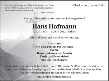 Traueranzeige von Hans Hofmann von Schwäbische Post