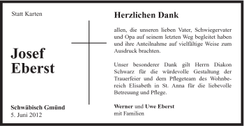 Traueranzeige von Josef Eberst von Gmünder Tagespost