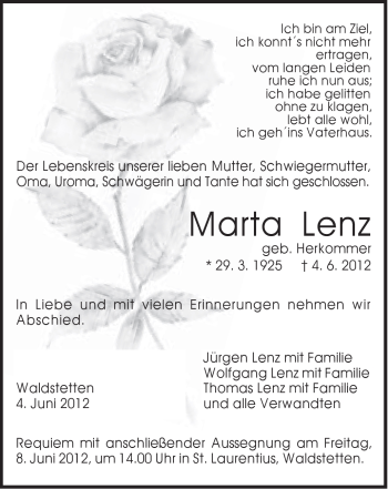 Traueranzeige von Marta Lenz von Gmünder Tagespost
