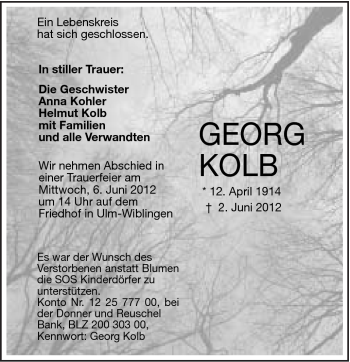 Traueranzeige von Georg Kolb von Schwäbische Post