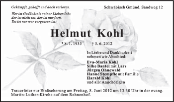 Traueranzeige von Helmut Kohl von Gmünder Tagespost
