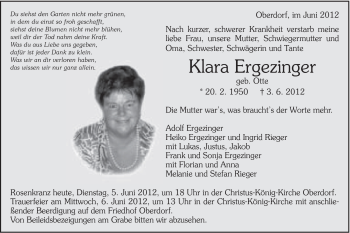 Traueranzeige von Klara Ergezinger von Schwäbische Post