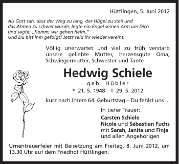 Traueranzeige von Hedwig Schiele von Schwäbische Post