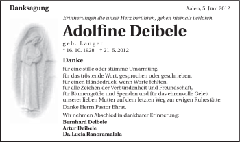 Traueranzeige von Adolfine Deibele von Schwäbische Post