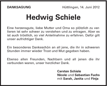 Traueranzeige von Hedwig Schiele von Schwäbische Post